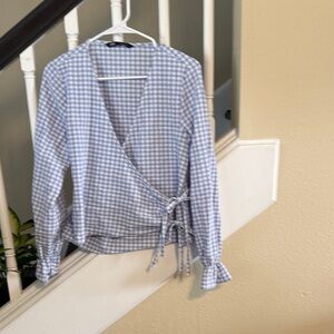 Zara Light Blue and White Checkered Top